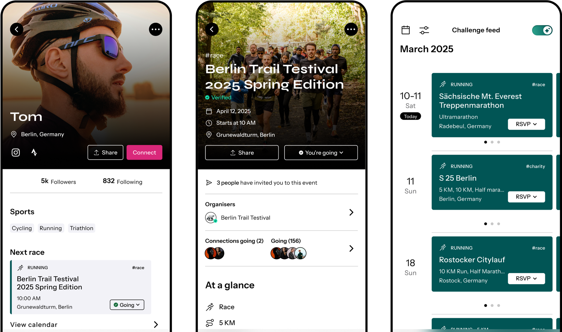 Racemappr mobile app mockups showing race events, profiles, and calendar views